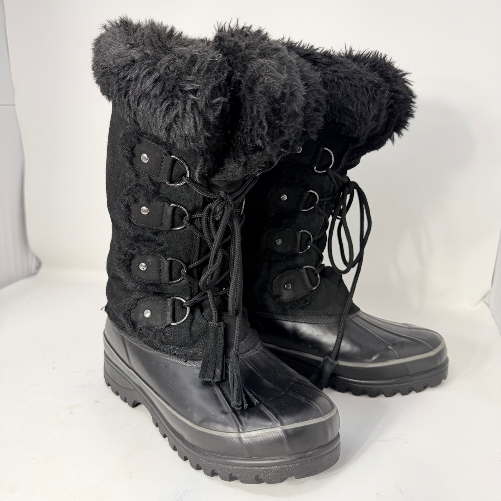 Khombu Womens Black Faux Fur Trim Lace Up Winter Duck Boots Size 8